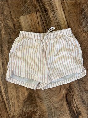 Striped Drawstring Women’s Linen-Blend Shorts - Tan/White